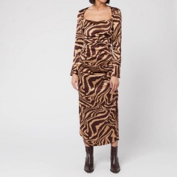 Ganni Ruche Silk Zebra Print Long Sleeve Dress/Size 4 - Picture 1 of 10